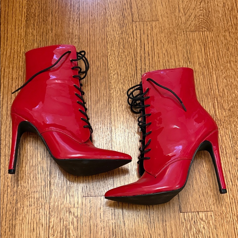 Red Lace-Up Stiletto Boots